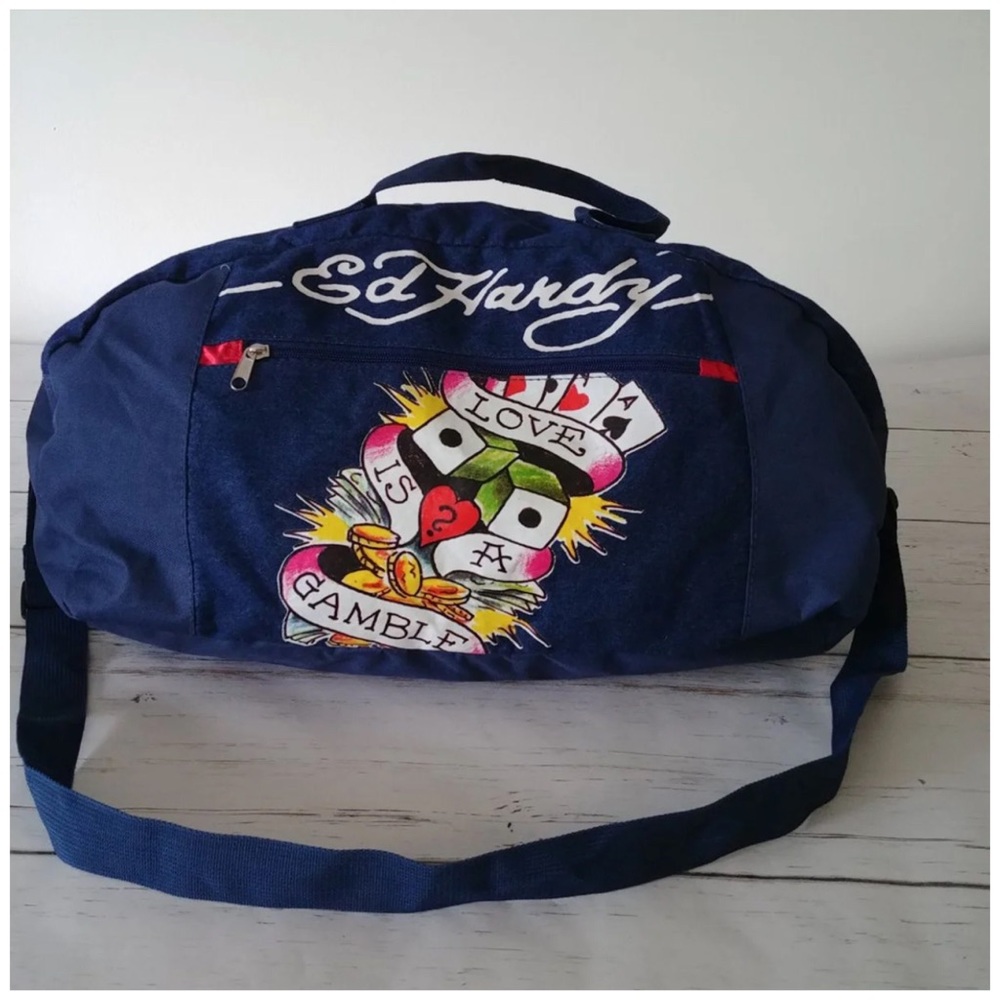 🎲🎰RARE LOVE IS A GAMBLE ED HARDY LARGE DUFFLE BAG